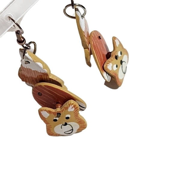 Vtg Handmade painted wood articulated dangle Cat or Fox earrings pierced - Picture 5 of 7